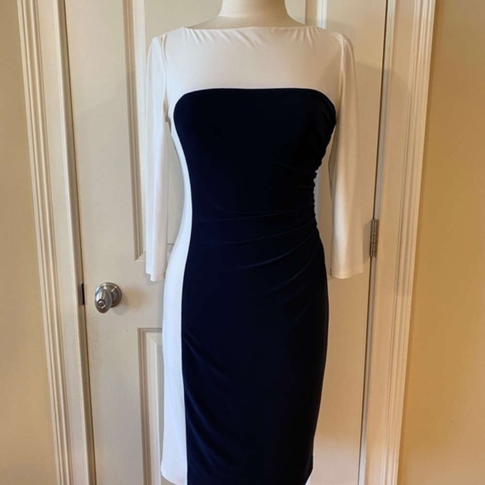 Lauren Ralph Lauren Navy & White Sheath Dress with Side Ruching | Size 4